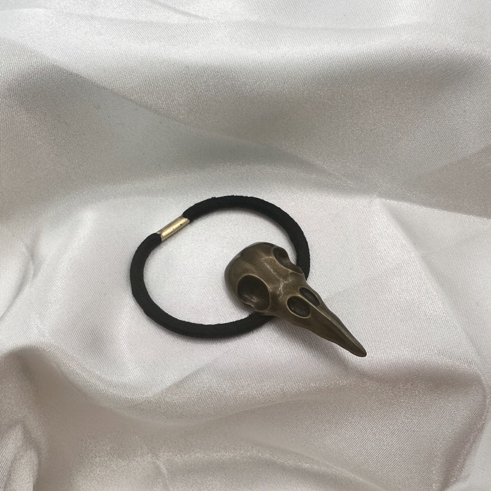Vintage Y2K Bronze Tone Crow Skull Up Elastic Hair Band Halloween Hair Accessory - Picture 3 of 10